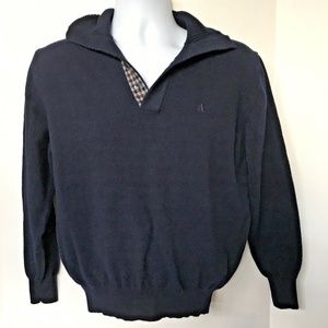 Aquascutum Sweater Pullover Henley Dark Blue Merino Wool Sz L Made in Italy